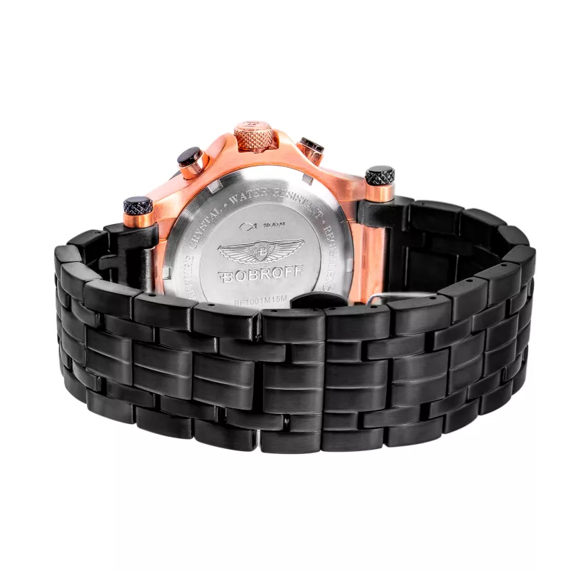 BOBROFF MAN BF1001M15M 44mm orologio analogico al quarzo con quadrante nero e cinturino in vera pelle