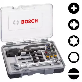 Bosch 2607002786 Set da 20 punte per avvitatore con portapunte magnetico universale, punte da 25 mm in acciaio S2 per Phillips, Pozidriv, taglio, Torx, Hex