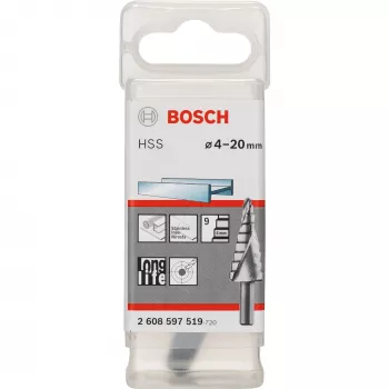Bosch Punta a gradini HSS 4-20 mm, gambo a 3 facce, lunghezza 70,5 mm 2608597519