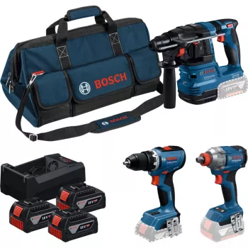 BOSCH Power Tools 18V Professional kit combinato: martello perforatore GBH 18V-22 + trapano avvitatore GSR 18V-65 + avvitatore a impulsi GDX 18V-285 (blu/nero, 3 batterie ricaricabili Li-Ion 5,0 Ah, borsa per utensili)