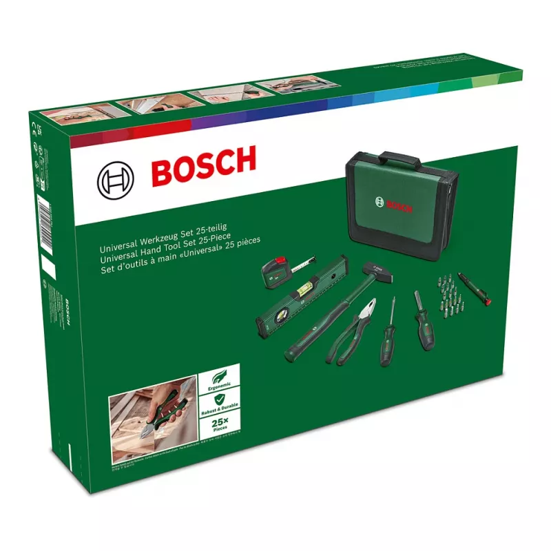 BOSCH Powertools set universale di utensili manuali, 25 pezzi (verde, con borsa portautensili)