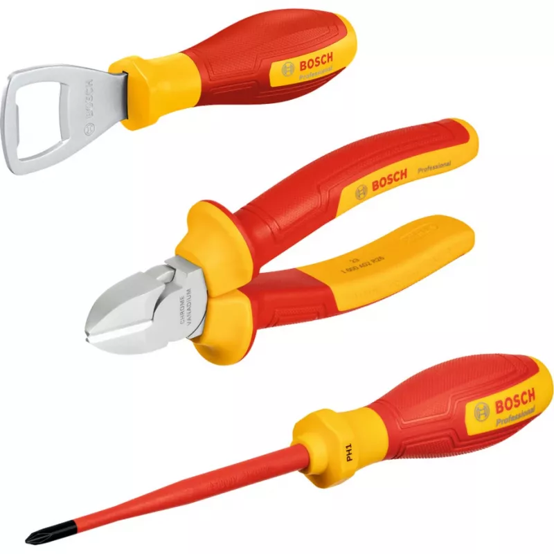 Set di 3 utensili manuali Bosch PRO in L-BOXX Mini (pinza combinata, pinza regolabile, coltello universale) blu