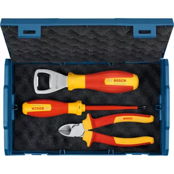 Set di 3 utensili manuali Bosch PRO in L-BOXX Mini (pinza combinata, pinza regolabile, coltello universale) blu