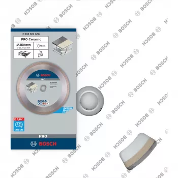 Bosch PRO disco diamantato per ceramica, diametro 250 mm, foro 30 mm (con anello riduttore 25,4 mm), bordo continuo, taglio a umido/a secco