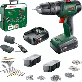BOSCH UniversalImpact 18V Trapano avvitatore a percussione a batteria (verde/nero, 2x1,5 Ah Li-Ion, set da 241 pezzi)