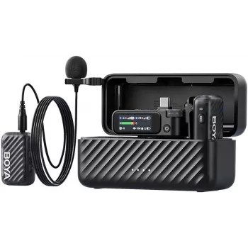 BOYA BOYAMIC 2-01 Sistema microfonico wireless e cablato 2,4 GHz, riduzione del rumore con IA, con 2 ricevitori e 1 trasmettitore (USB-C) nero