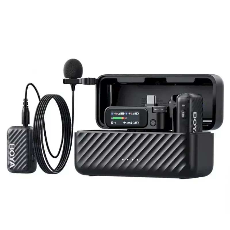 BOYA BOYAMIC 2-02 sistema microfonico wireless 2,4GHz, riduzione del rumore basata su IA, 2 ricevitori + 1 trasmettitore (USB-C) nero