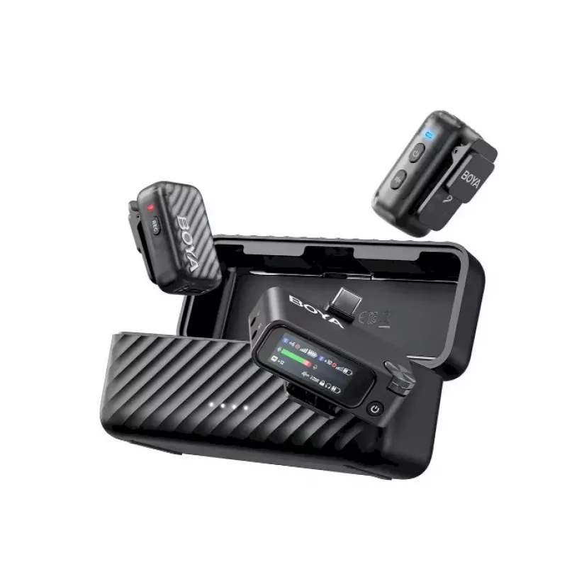 BOYA BOYAMIC 2-02 sistema microfonico wireless 2,4GHz, riduzione del rumore basata su IA, 2 ricevitori + 1 trasmettitore (USB-C) nero