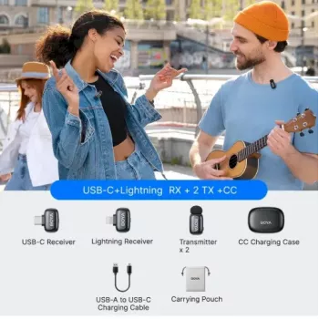 BOYA Mini 2-01 Sistema microfonico wireless 2,4 GHz con 2 trasmettitori e 2 ricevitori (USB-C e Lightning) Nero