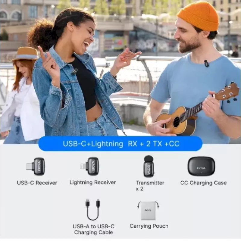 BOYA Mini 2-01 Sistema microfonico wireless 2,4 GHz con 2 trasmettitori e 2 ricevitori (USB-C e Lightning) Nero