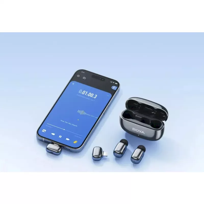 BOYA Mini 2-01 Sistema microfonico wireless 2,4 GHz con 2 trasmettitori e 2 ricevitori (USB-C e Lightning) Nero