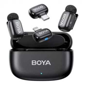 BOYA Mini 2-01 Sistema microfonico wireless 2,4 GHz con 2 trasmettitori e 2 ricevitori (USB-C e Lightning) Nero