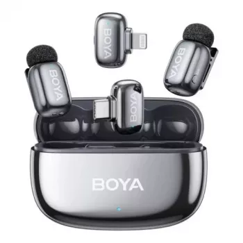 BOYA Mini 2-01 Sistema microfonico wireless con cancellazione del rumore AI, 2 trasmettitori e 2 ricevitori (USB-C e Lightning), Space Gray
