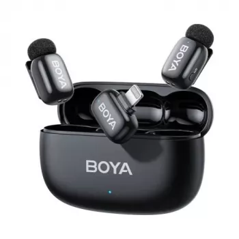 BOYA Mini 2-03 Sistema microfonico wireless 2,4 GHz, soppressione del rumore con IA, 2 trasmettitori + 1 ricevitore Lightning, nero