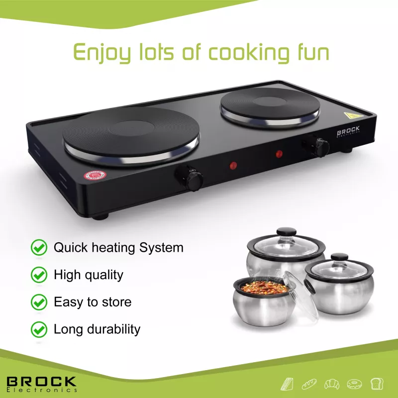 Brock EP 200 BK Piastra elettrica a due fuochi, 2500 W, nero
