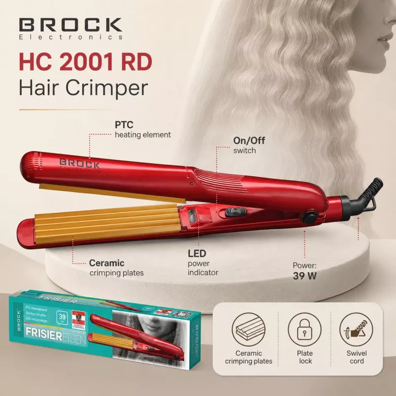 Crimper per capelli in ceramica Brock HC 2001 RD, 25 W, rosso