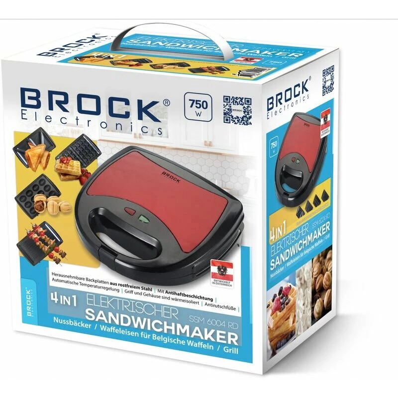 Brock SSM 6004 RD sandwich/noci/wafer e grill 4-in-1 750 W, rosso