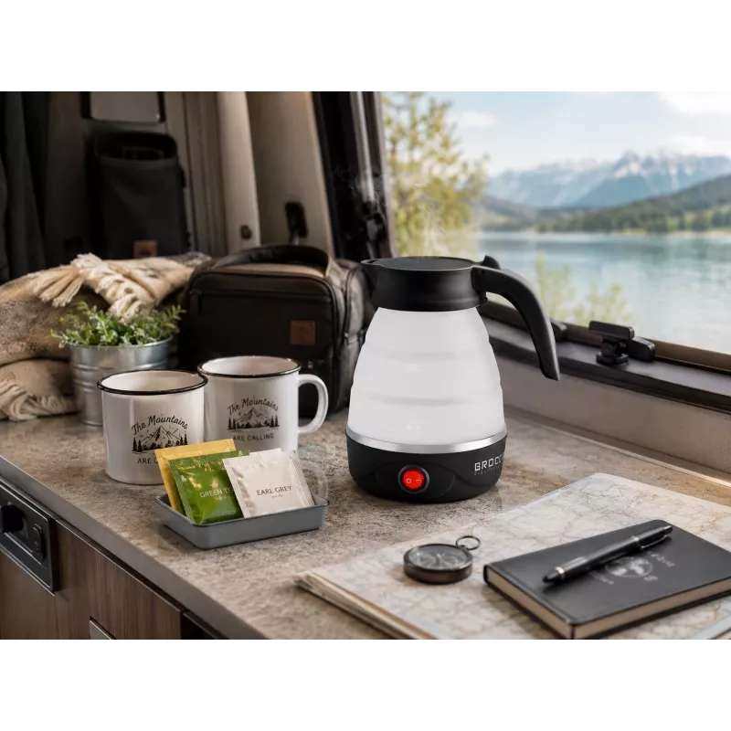 Brock WK 0904 BK bollitore da viaggio pieghevole 0,5L 500W, nero/bianco