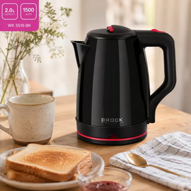 Brock WK 5518 BK bollitore elettrico 2,0L 1500W nero con base senza fili a 360°