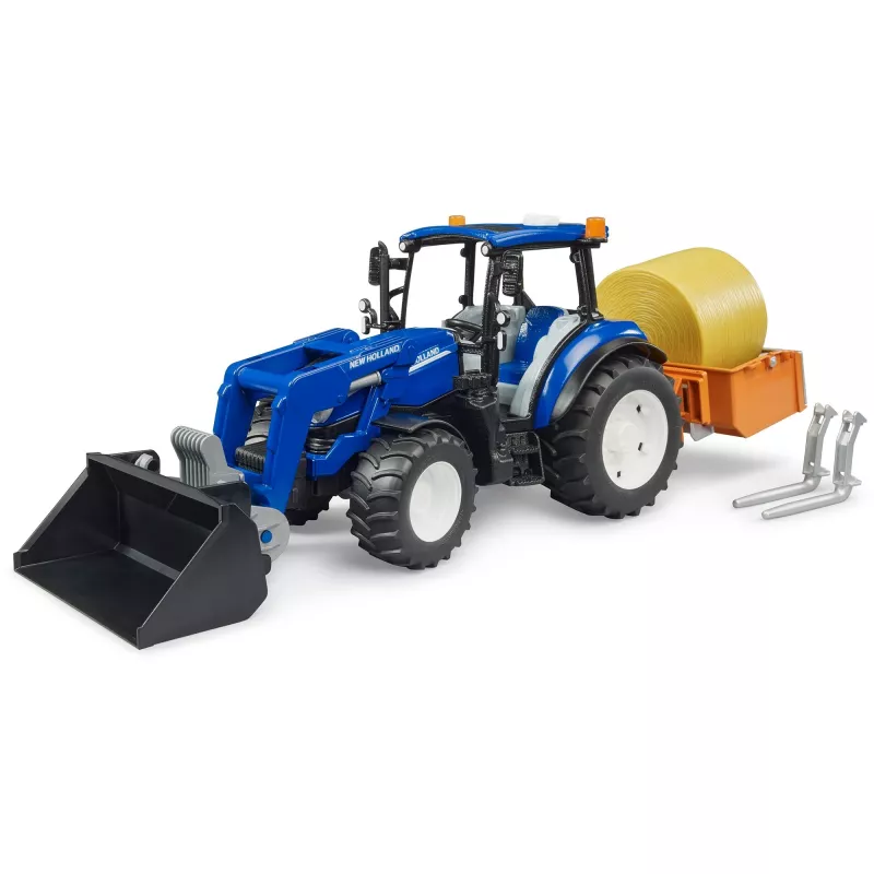 Trattore BRUDER New Holland T5.120 con caricatore frontale, cassone di carico e forche 1:16