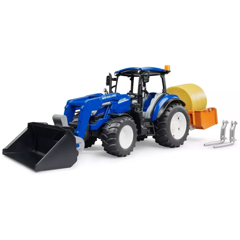 Trattore BRUDER New Holland T5.120 con caricatore frontale, cassone di carico e forche 1:16