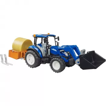 Trattore BRUDER New Holland T5.120 con caricatore frontale, cassone di carico e forche 1:16
