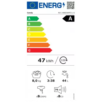 Lavatrice Candy RO 1486DWMT/1-S, A, a carica frontale, capacità 8 kg, profondità 54 cm, 1400 giri/min, bianco