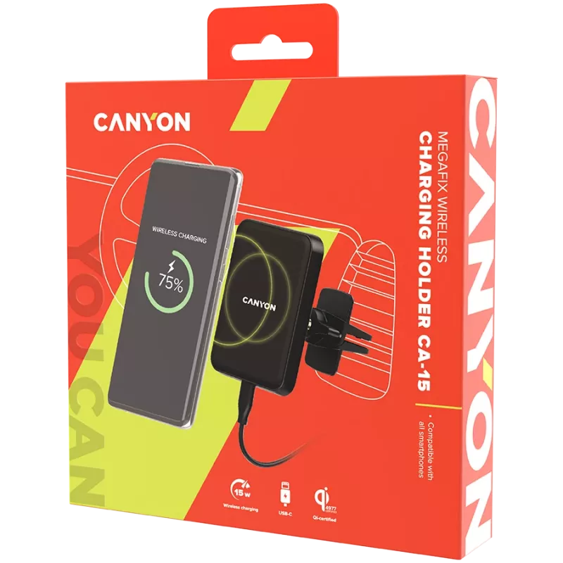 CANYON CH-15 Supporto auto e caricatore wireless MegaFix, 15W, USB-C, nero