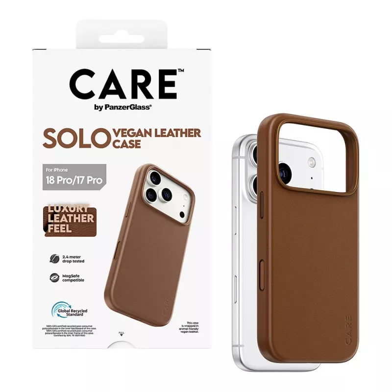 CARE by PanzerGlass Solo custodia in pelle vegana marrone compatibile MagSafe per iPhone 17 Pro