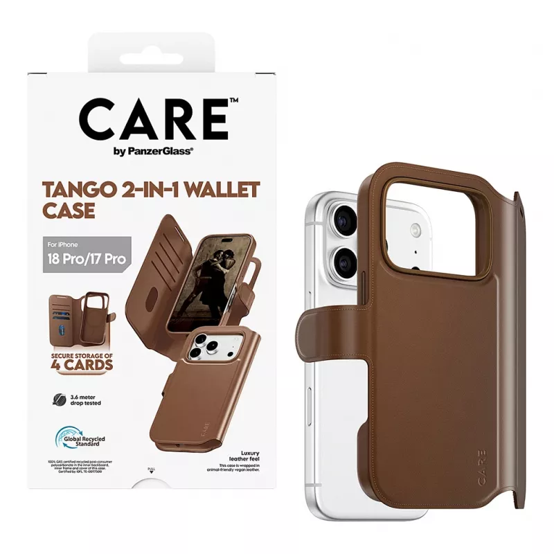 CARE by PanzerGlass Tango custodia portafoglio 2-in-1 marrone compatibile MagSafe per iPhone 17 Pro