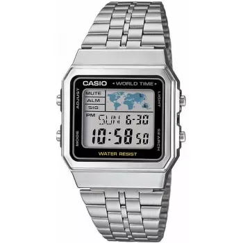 Casio A500WA-1DF Orologio da polso classico digitale al quarzo - bracciale in acciaio inox argento, retroilluminazione LED, ora mondiale