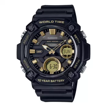CASIO AEQ-120W-9A Orologio uomo analogico-digitale, 53,3 mm, cassa in resina nera, cinturino in resina nero, dettagli dorati
