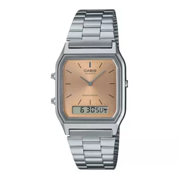 CASIO AQ-230A-4A orologio unisex analogico-digitale, 38,8 mm, cassa color argento, quadrante rosso, cinturino in acciaio inox