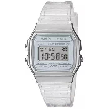 Casio F-91WS-7DF orologio digitale – cassa in resina bianca trasparente, unisex, al quarzo, retroilluminazione LED, impermeabile fino a 3 ATM