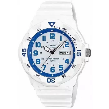 CASIO MRW200HC7B2VD Orologio uomo analogico al quarzo con indicazione di data e giorno della settimana, impermeabile 100m, cinturino in resina, quadrante bianco, lunetta blu/rossa