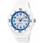 CASIO MRW200HC7B2VD Orologio uomo analogico al quarzo con indicazione di data e giorno della settimana, impermeabile 100m, cinturino in resina, quadrante bianco, lunetta blu/rossa
