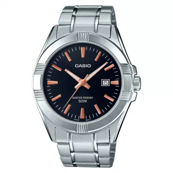 CASIO MTP-1308D-1A2 orologio analogico al quarzo da uomo, 48,9 mm, quadrante nero, cinturino in acciaio inox argento