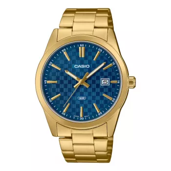 CASIO MTPVD03G2AUDF orologio da uomo analogico al quarzo, 45mm cassa in acciaio inossidabile, quadrante blu, cinturino oro, 50m resistenza all'acqua