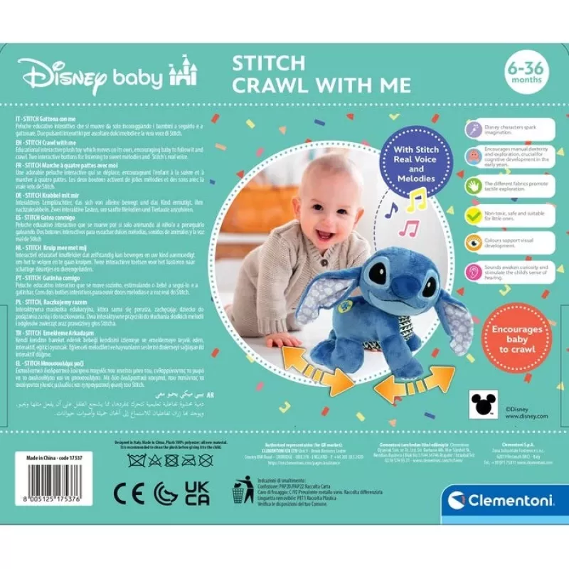 Clementoni Disney Baby Stitch We Crawl Together peluche, blu, 25 cm, dalla nascita
