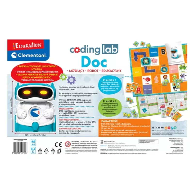 Clementoni DOC robot educativo per bambini, lingua polacca, da 5 anni, giocattolo di programmazione STEM