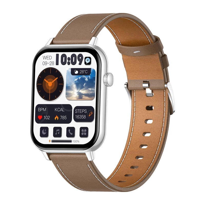 COLMI C28 Smartwatch – argento + cinturino in pelle marrone