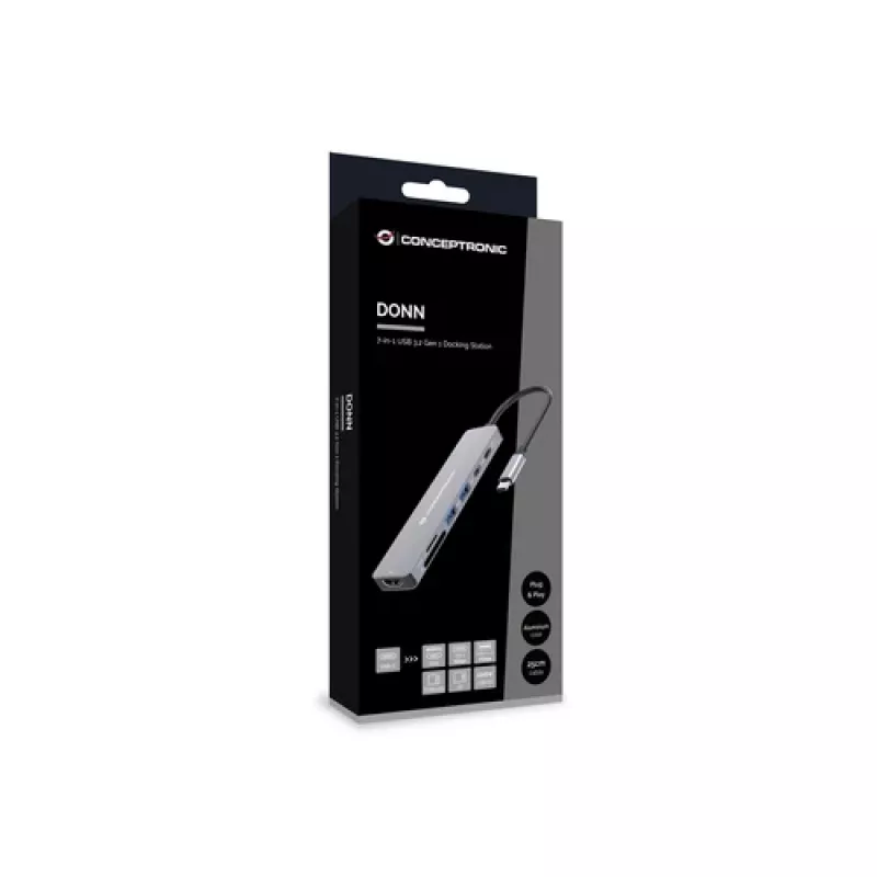 CONCEPTRONIC docking station USB-C 7-in-1 con HDMI, USB-C PD, 2x USB-A, lettore schede SD e microSD, cavo 25 cm, Space Grey