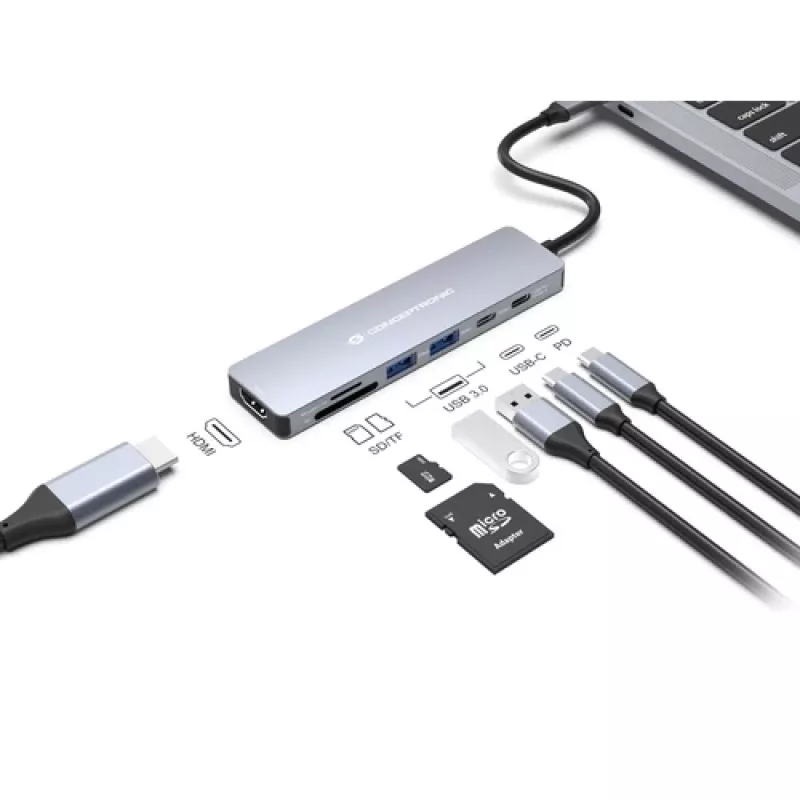 CONCEPTRONIC docking station USB-C 7-in-1 con HDMI, USB-C PD, 2x USB-A, lettore schede SD e microSD, cavo 25 cm, Space Grey