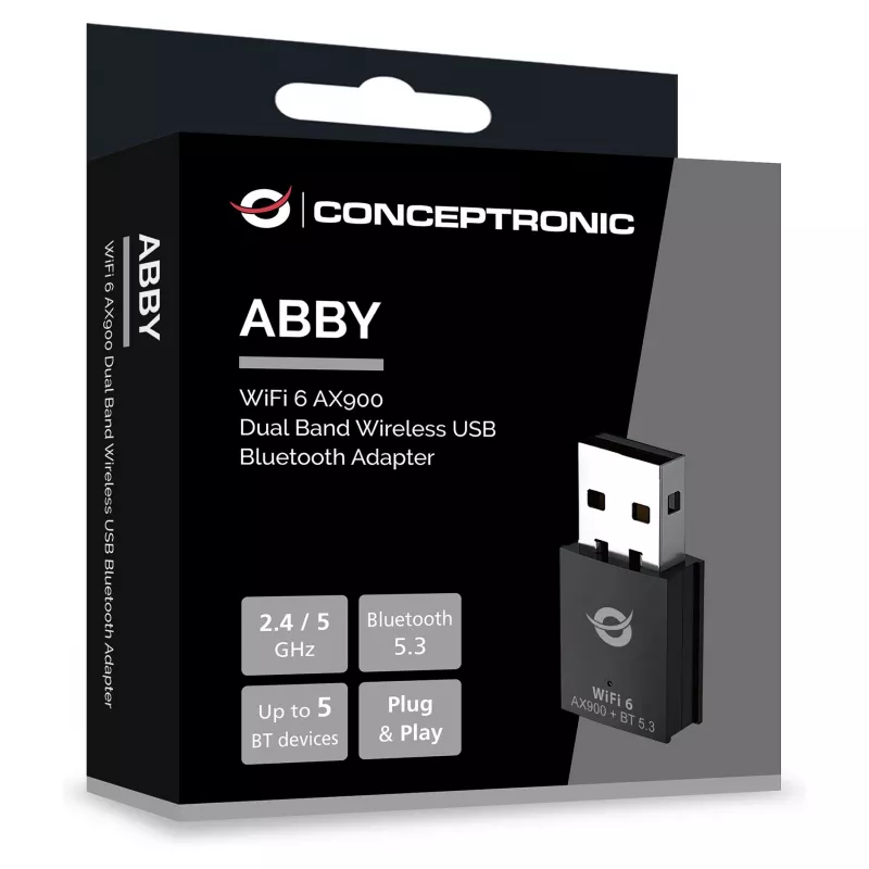 Conceptronic ABBY26B Adattatore WiFi 6 AX900 Dual-Band USB e Bluetooth 5.3