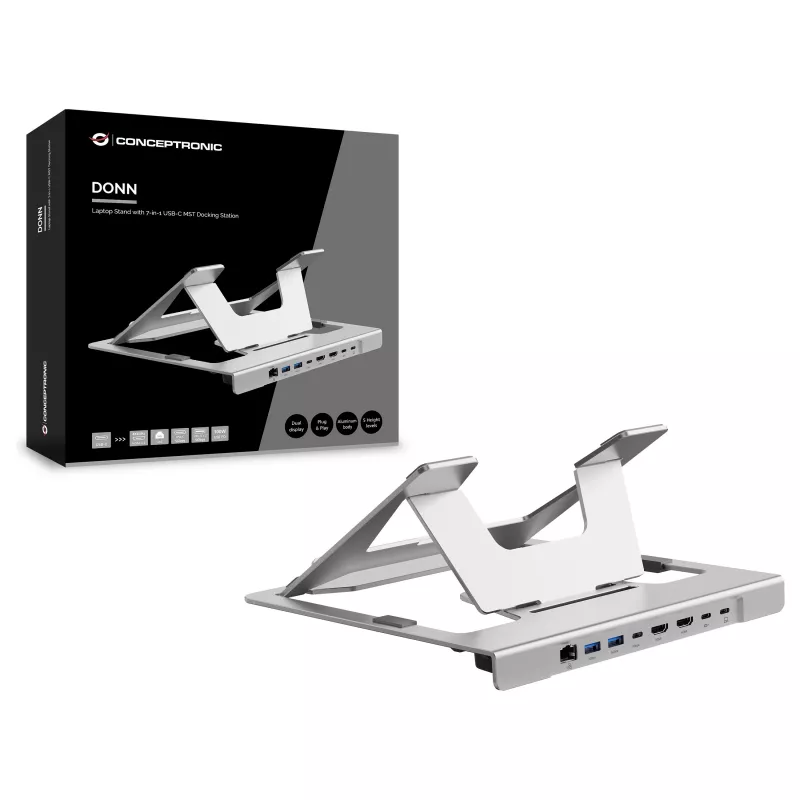 Conceptronic DONN35S Supporto per laptop con docking station USB-C 7 in 1, Dual-HDMI 4K60Hz, GbE, USB-C 5Gbps, 2x USB-A, 100W PD, argento