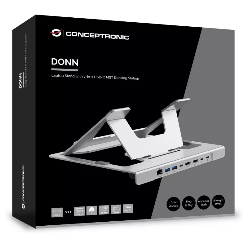 Conceptronic DONN35S Supporto per laptop con docking station USB-C 7 in 1, Dual-HDMI 4K60Hz, GbE, USB-C 5Gbps, 2x USB-A, 100W PD, argento