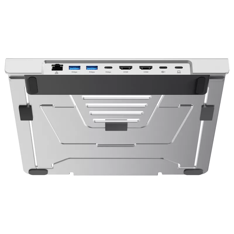 Conceptronic DONN35S Supporto per laptop con docking station USB-C 7 in 1, Dual-HDMI 4K60Hz, GbE, USB-C 5Gbps, 2x USB-A, 100W PD, argento