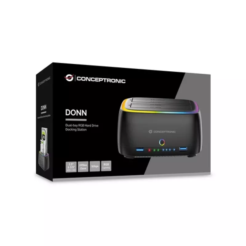 Conceptronic DONN36B docking station 2-Bay SATA HDD/SSD, USB 3.0, 2x USB-A, nero