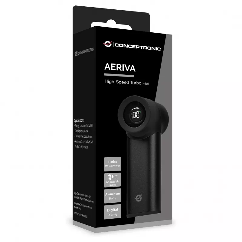 Conceptronic Turbo Ventilatore portatile, da USB-C a USB-A, alluminio, 5V, nero