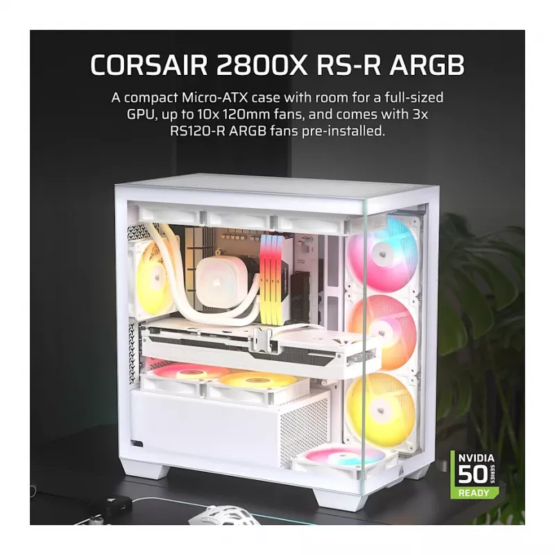 CORSAIR 2800X RS-R ARGB case cube Micro-ATX a doppia camera, bianco, con vetro temperato panoramico e 2 ventole LL120 RGB